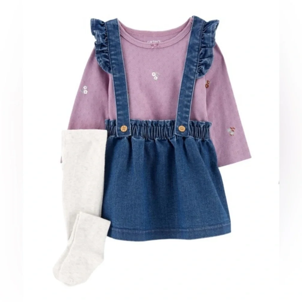Brand New Baby 3-Piece Denim Jumper Set with Shirt & Tights, Size 18 Months, NWT